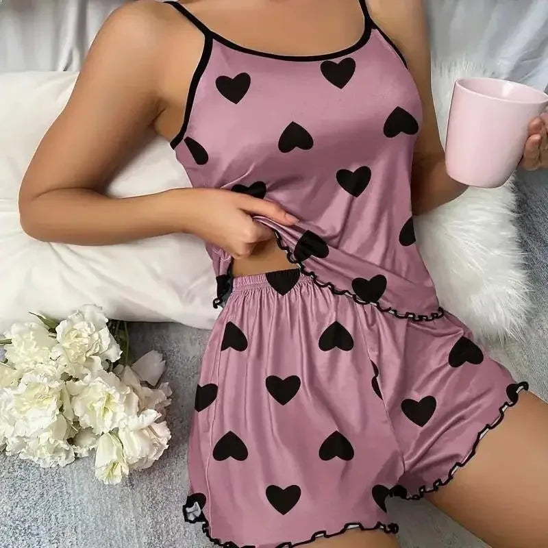 Summer Two-piece Pajamas Set for Women Sleepwear Sexy Lingerie Casual Camisole Tops and Shorts Homewear Suit Loungewear