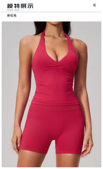 New Seamless Yoga Thread Set Women Hanging Neck V Neck Slim Sports Tank Top Hip Lifting Abdominal Tightening Shorts Fitness Suit