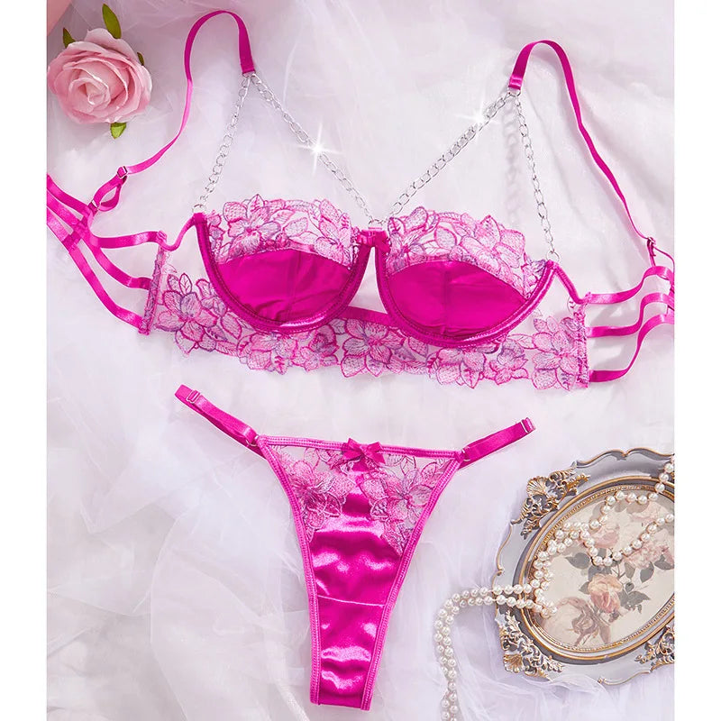 Women Sexy Lingerie Fashion Chain Bra Sets Rose Red Embroidery Fancy Underwear Steel Ring Bralette Intimate Matching Exotic Sets