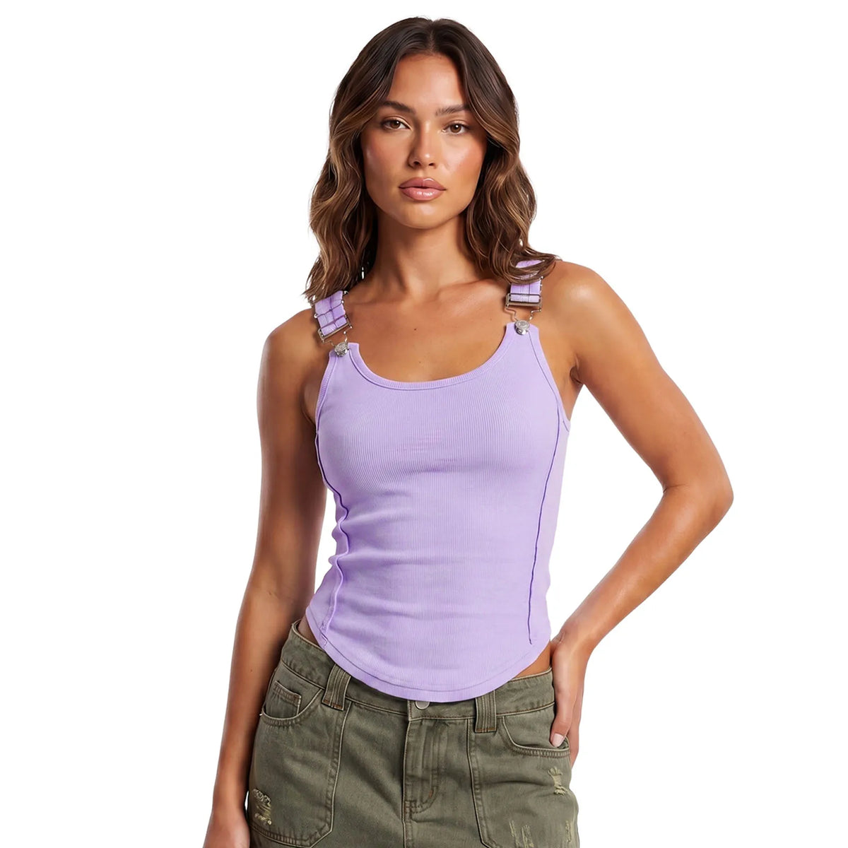 Summer Women's Solid Ribbed Tank Tops Stylish Sleeveless U Neck Camisole with Metal Buckle Straps Gothic Punk Vest