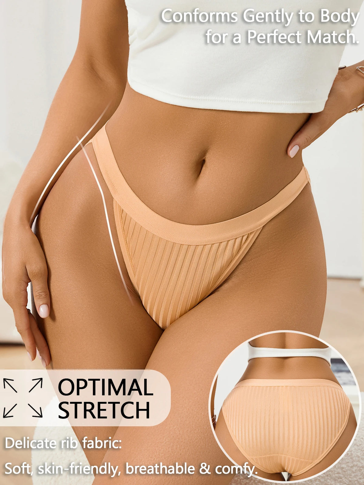 Ribbed Women High Cut Thong Solid Elastic Waistband Panties Soft Breathable Skin Friendly Ladies Underwear