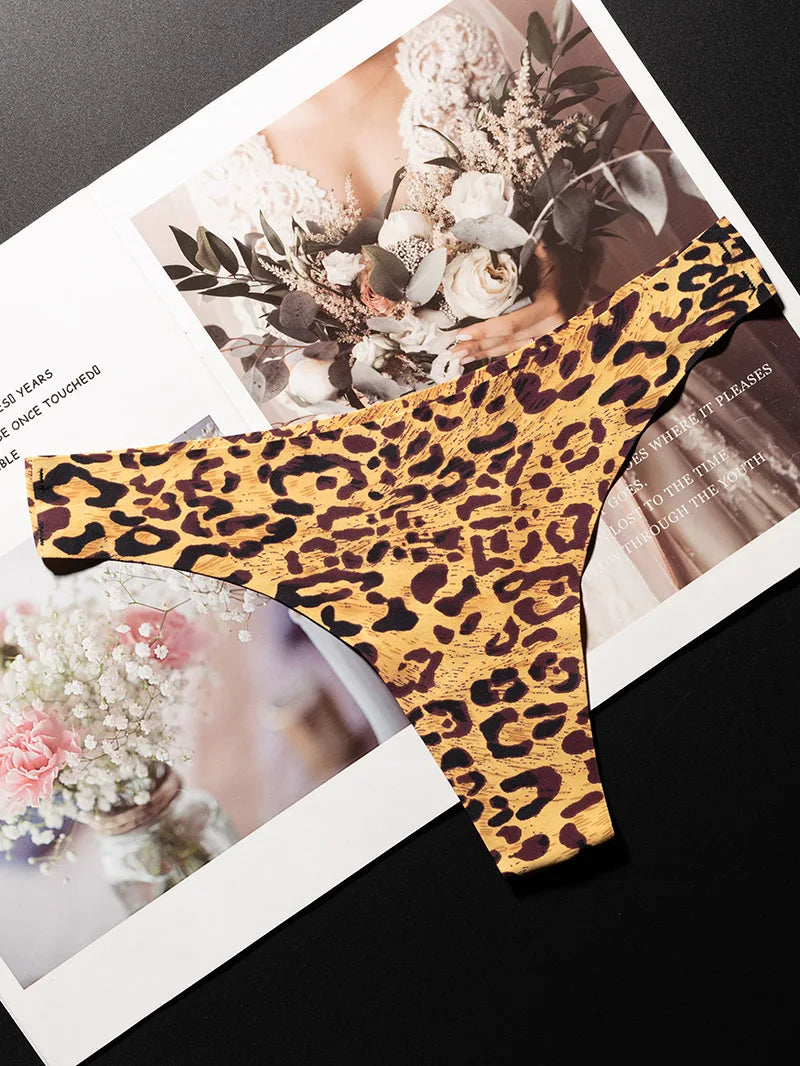 Ice Silk Leopard Women Panties Sexy G String Thong Seamless Underwear T Back Candy Color Girls Briefs Underpants Plus Size M-XXL