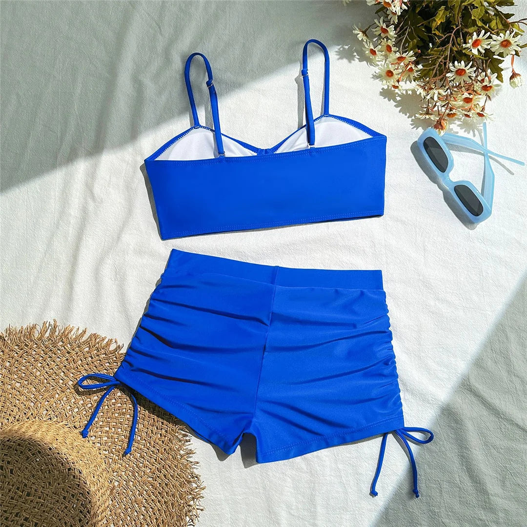 Wrinkled Knotted Shorts High Waist Bikini Female Swimsuit Women Swimwear Two-Pieces Bikini Set Bather Bathing Suit Swim V6197