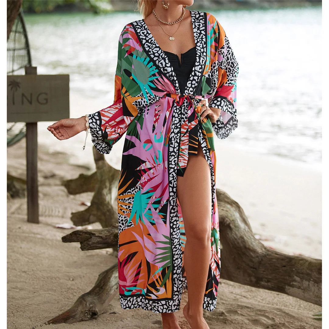13 Colors Printed With Belt Crochet Knitted Tunic Beach Dress Beach Wear Beachwear Beach Cover Up Cover-upsFemale Women V7201