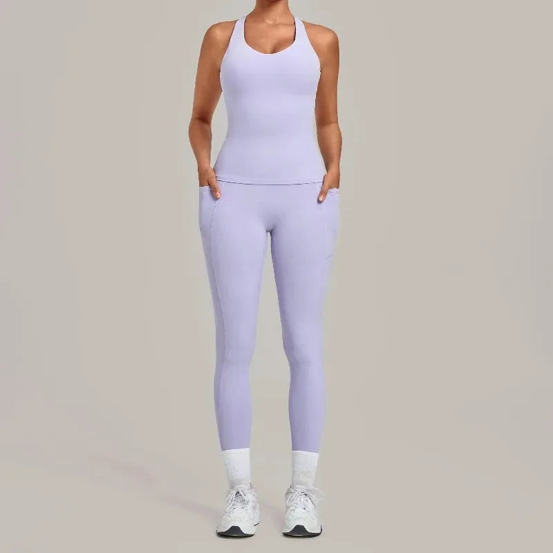Women's Seamless Yoga Sets Sports Fitness Hip-lifting High Waist Pant Sleeveless Backless Suits Workout Running Leggings Sets