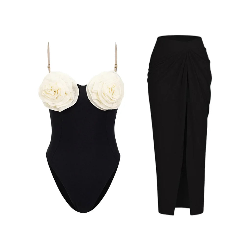 2024 Sexy Sling Ruffle Solid Two Pieces Bikini Women High Waist 3D Flower Swimsuit Skirt Summer Backless Beachwear Bathing Suit
