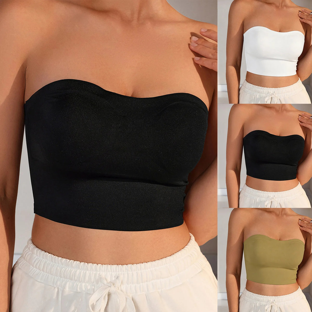 Women Strapless Bandeau Top Solid Color Sleeveless Cropped Tube Top Slim Fit Casual Bralette For Summer Invisible Wireless Bras