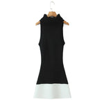Women's Fashion Patchwork Knitted Dress Knit Sleeveless Dress Bodycon Fit With Contrast Black Hem Cozy Winter Mini Dress CR01