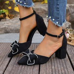 Women's Bowknot Ankle Strap Block Heel Pointed Toe Pumps for Wedding Party