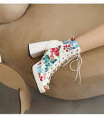 White Floral Embroidered Peep Toe Lace-Up Chunky Block Heel Platform Hollow Out Ankle Sandal Boots for Women