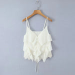 Women's Ruffled Lace Trim Loose Pants For Woman White Ruffled Embroidery Camisole Straps Button Front For Sweet Summer Look WM6E