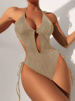 S - XXL Halter V Neck Wrinkled Female Swimwear One Piece Swimsuit Women Backless Monokini High Cut Bathing Suit Swim Beach Wear