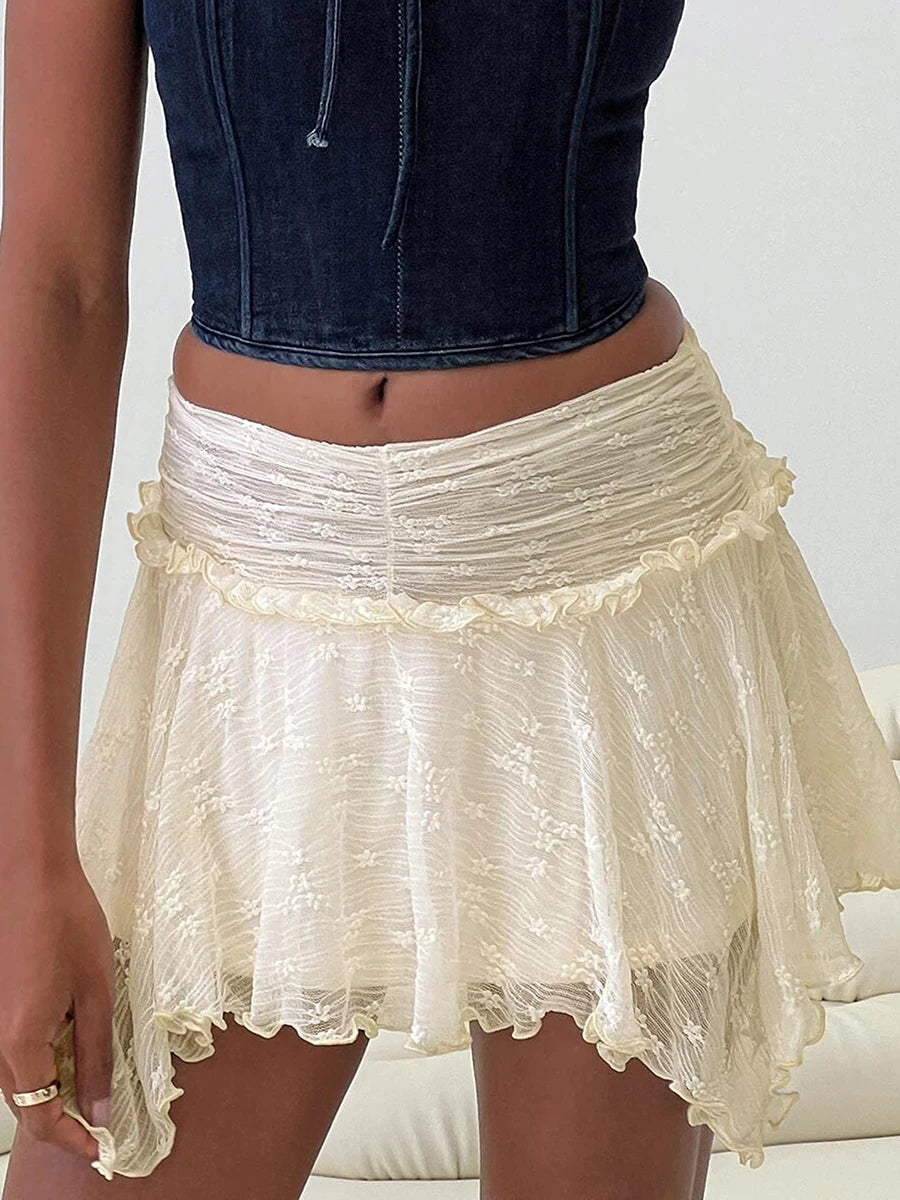 Women's Solid Color Gothic Mini Skirts Lace Ruched High Waist Skirts Spring Summer Irregular Hem Casual Skirts