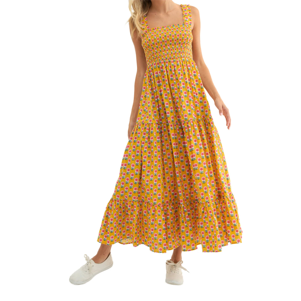Women Summer Bohemian Floral Print Sundress Smocked Square Neck Sleeveless Backless A-line Long Tiered Ruffle Dress with Pockets