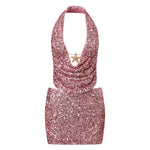 Summer Women Party Evening Sequins Outfits Backless Halter Low Cut Vest and Pencil Skirt Sets Y2K Aesthetic Clothes