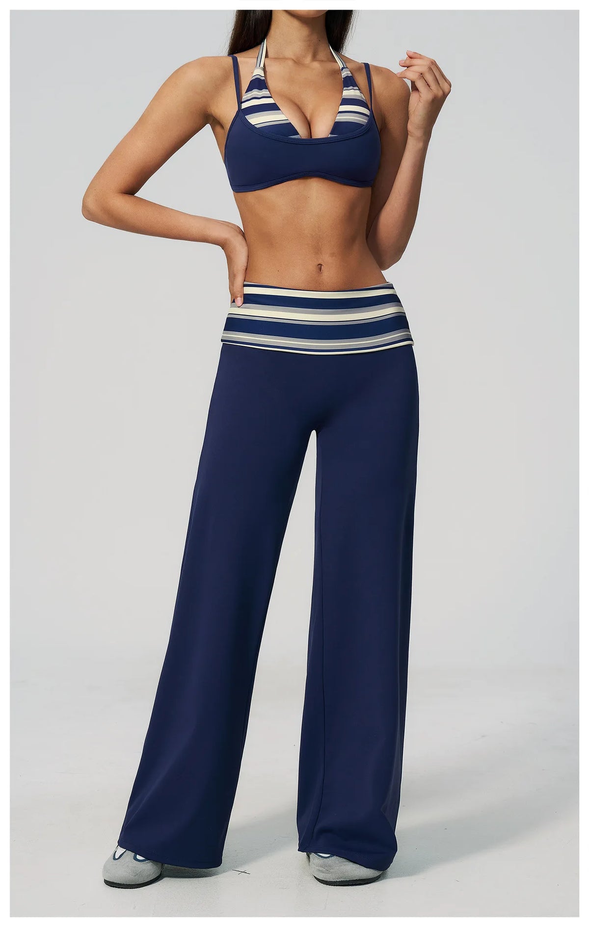 Fake Two-piece Sports Bra Yoga Sets Women Coffee Striped Patchwork Folding High Waist Wide Leg Pants Gym Running Fitness Suits
