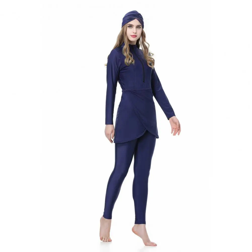 3Pcs/Set Women Split Swimsuit Front Skirt Secure Zipper Closure UV Protection Tops Long Swimming Trousers Set With Headscarf