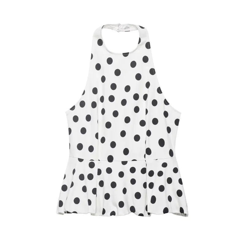 Women's Polka Dot Balloon Cut Halter Top Women Black White Polka Dot Halter Neck Ruffle Peplum Top Sleeveless Casual Blouse 5WUO