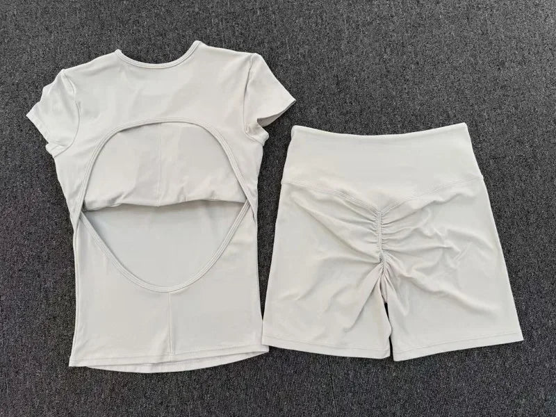 Women's Seamless Yoga Sets Sports Fitness Workout Hip-lifting High Waist Shorts Backless Short-sleeve Vest Suit Gym Training Set