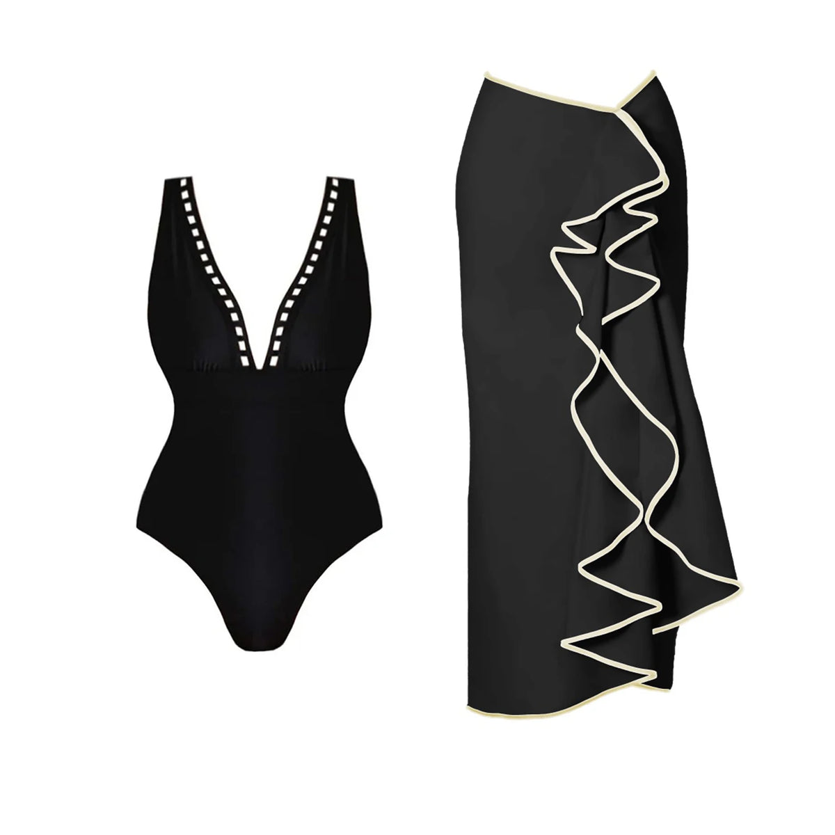 New 2Pcs Black Hollow Swimsuit Women Sexy Swimwear With Midi Skirt Push Up Bikini Female Biquini Bathingsuit Bodysuit Beachwear