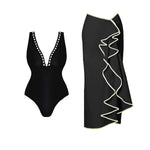 New 2Pcs Black Hollow Swimsuit Women Sexy Swimwear With Midi Skirt Push Up Bikini Female Biquini Bathingsuit Bodysuit Beachwear