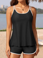 Black White Patchwork Tankini Set Swimwear Women 2026 Double Strap Push Up Tank Top High Waist Pocket Short Two Piece Swimsuit