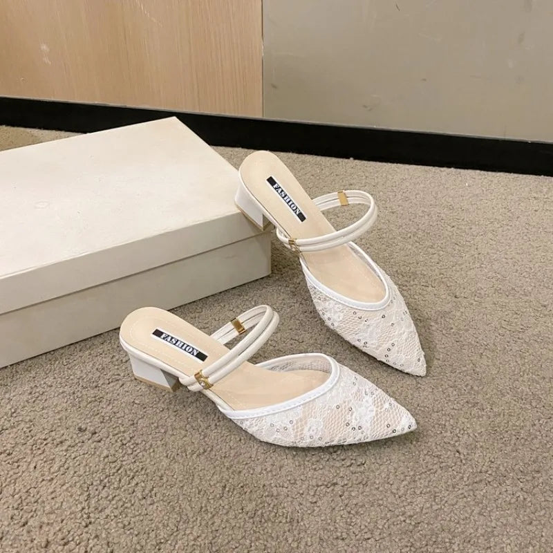 Large Size Women's Summer Outdoor Sandals Pointed Toe Mesh Upper Thick Heel Slip-On Korean Style Rubber Bottom Flats