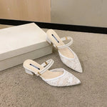 Large Size Women's Summer Outdoor Sandals Pointed Toe Mesh Upper Thick Heel Slip-On Korean Style Rubber Bottom Flats