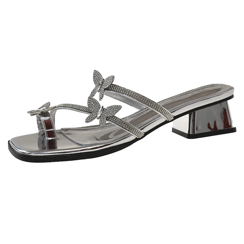 2025 Fashion Silver Crystal Sandals Women Rhinestone Butterfly Thick Heel Sandles Woman Summer Med Heeled Party Shoes Female