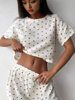 New Women's Home Clothes Pajamas Love Printed Soft and Comfortable Cotton Shorts Casual Loose Open Umbilical T-shirt Hot Selling