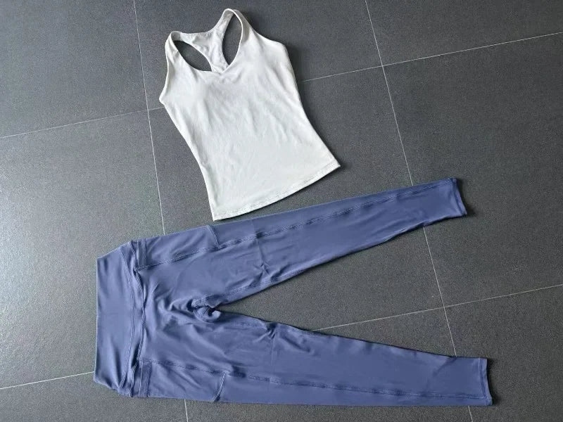 Women's Seamless Yoga Sets Sports Fitness Hip-lifting High Waist Pant Sleeveless Backless Suits Workout Running Leggings Sets