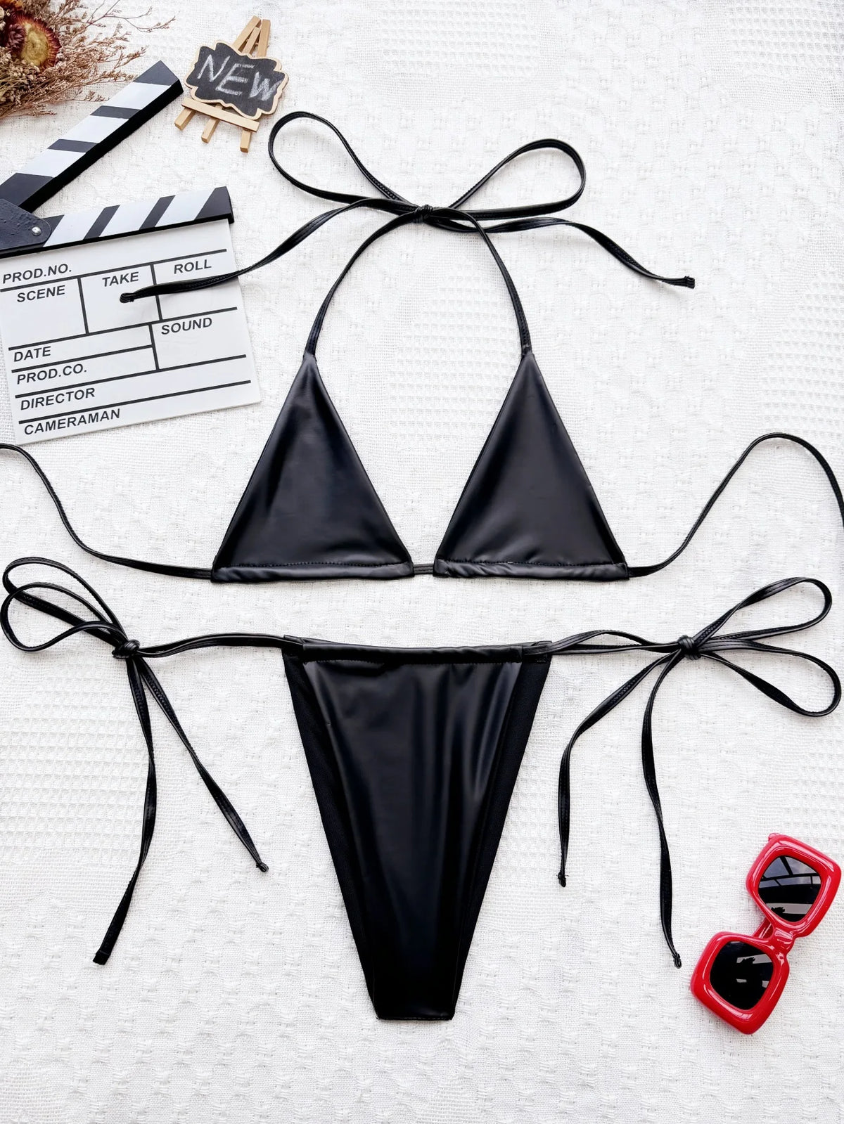 DEKA Mini PU black Micro Bikini Set Triangle Swimwear Women Shiny Thong Swimsuit Swim Wear Halter Two Peice Beachwear