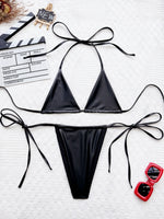 DEKA Mini PU black Micro Bikini Set Triangle Swimwear Women Shiny Thong Swimsuit Swim Wear Halter Two Peice Beachwear