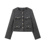 Foridol Tweed Knitted Dark Grey Blazer Coat Women Autumn Winter Gingham Short Coat Office Lady Vintage Buttons Veste