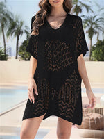 Sexy Hollow Out Beach Cover Up Women Blue White Knitted Crochet Tunic Mini Dress Short Sleeve V Neck Loose Cover-ups Beachwear