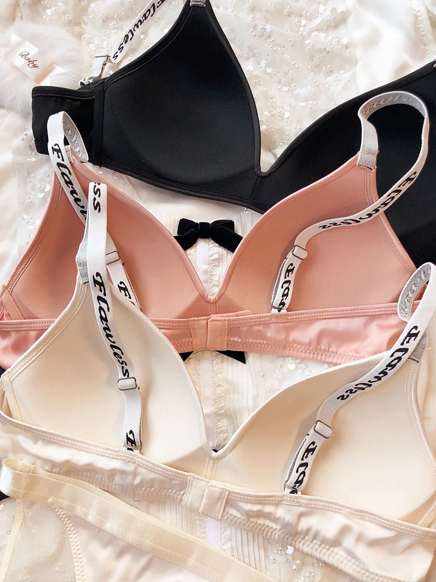 Ice Silk Comfort Underwear Set Women Sexy Deep V Push Up Bra Set Shoulder Strap Letters Adjustable Brassiere and Lace Panties