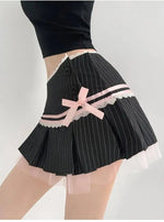 Striped Contrasting Color Bow Lace Splicing Pleated Skirt Women 2026 Summer American Style Low WaistA-line Short Skirt UBFK