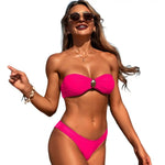2Pcs/Set Women Swimwear Solid Color Split Design Bikini Set Bandeau Padded No Wire Bra High Waist Swimming Trunks Set Swimsuit
