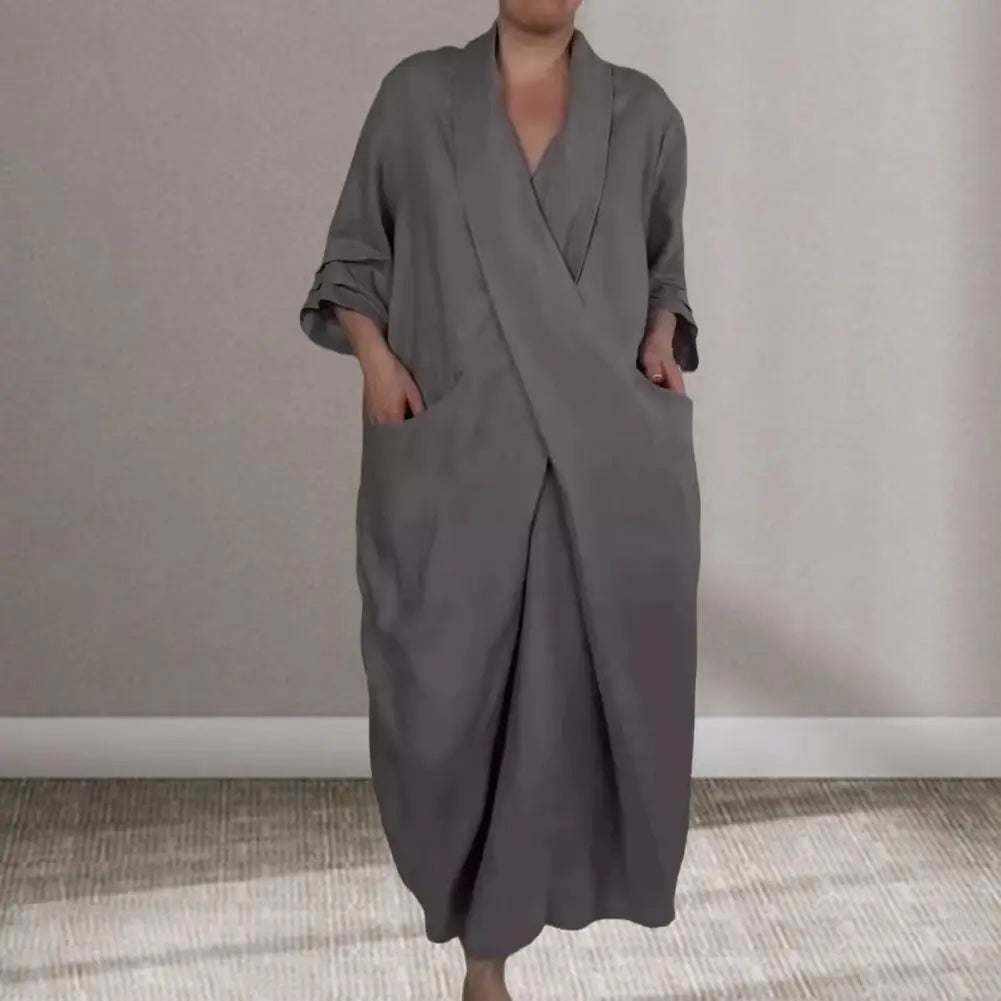Bohemian Maxi Dress Spring Autumn Maxi Dress Robe Baggy Cross V Neck Large Pocket Retro A-line Casual Party Travel Dress