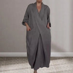 Bohemian Maxi Dress Spring Autumn Maxi Dress Robe Baggy Cross V Neck Large Pocket Retro A-line Casual Party Travel Dress