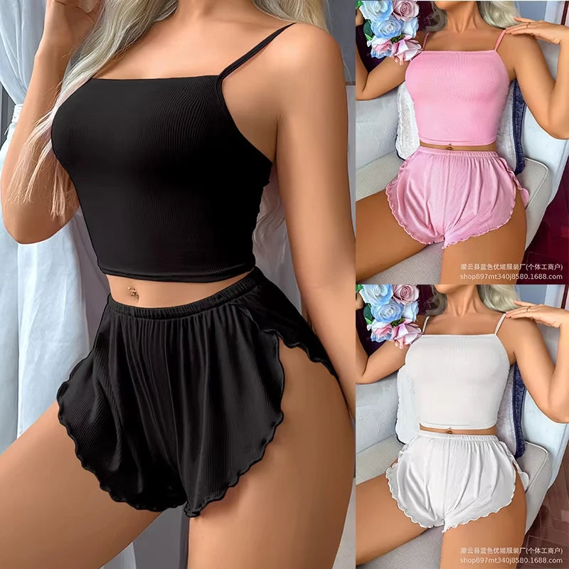 2026 New Women's Pajamas Home Clothes Summer Fashion Solid Color Underwear Set Strap Shorts Casual Comfortable Tank Top Y2K Hot