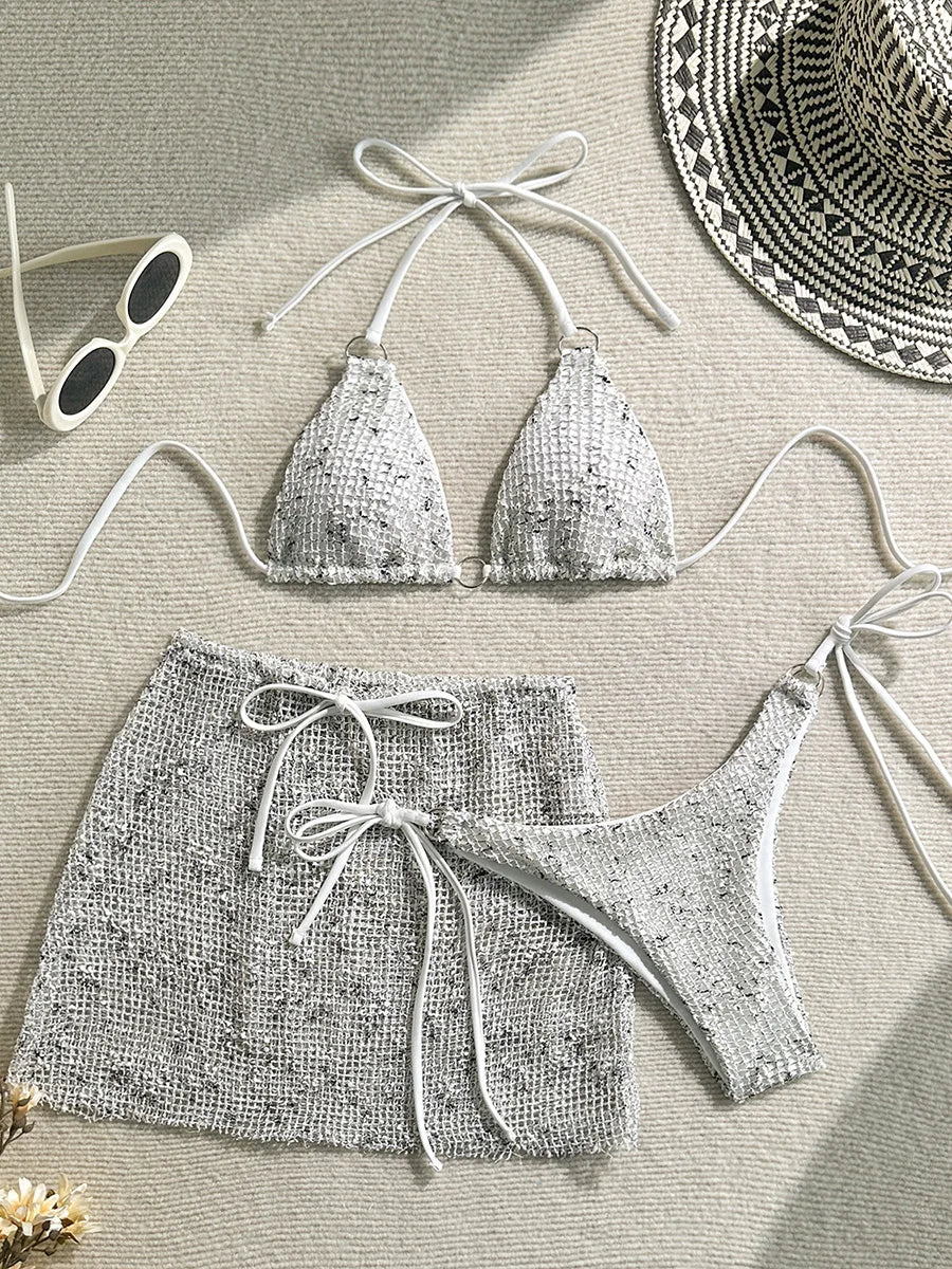 With Fishnet Sarong Skirt Halter Micro Bikini Women Swimwear Female Swimsuit Three-pieces Bikini Set Bathing Suit Swim Beachwear