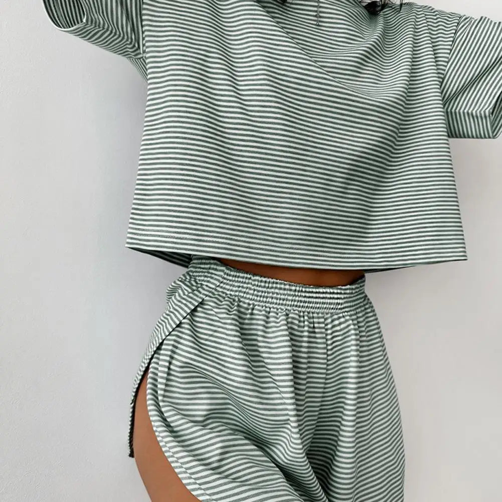 2 Pcs/Set Summer Sleepwear For Women Striped Printed Homewear Top Pants Suit Loose Short Sleeve T-shirt Elastic Waist Shorts
