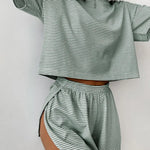 2 Pcs/Set Summer Sleepwear For Women Striped Printed Homewear Top Pants Suit Loose Short Sleeve T-shirt Elastic Waist Shorts