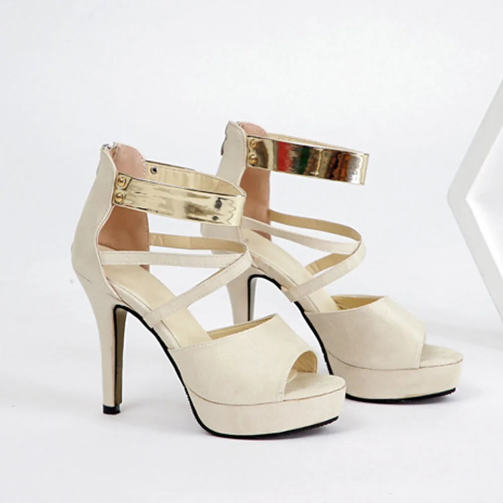 Women's Sexy Peep Toe Platform 12cm High Heel Sandals with Gold Metal Classic Ankle Strap Crisscross Stiletto Heel Party Shoes