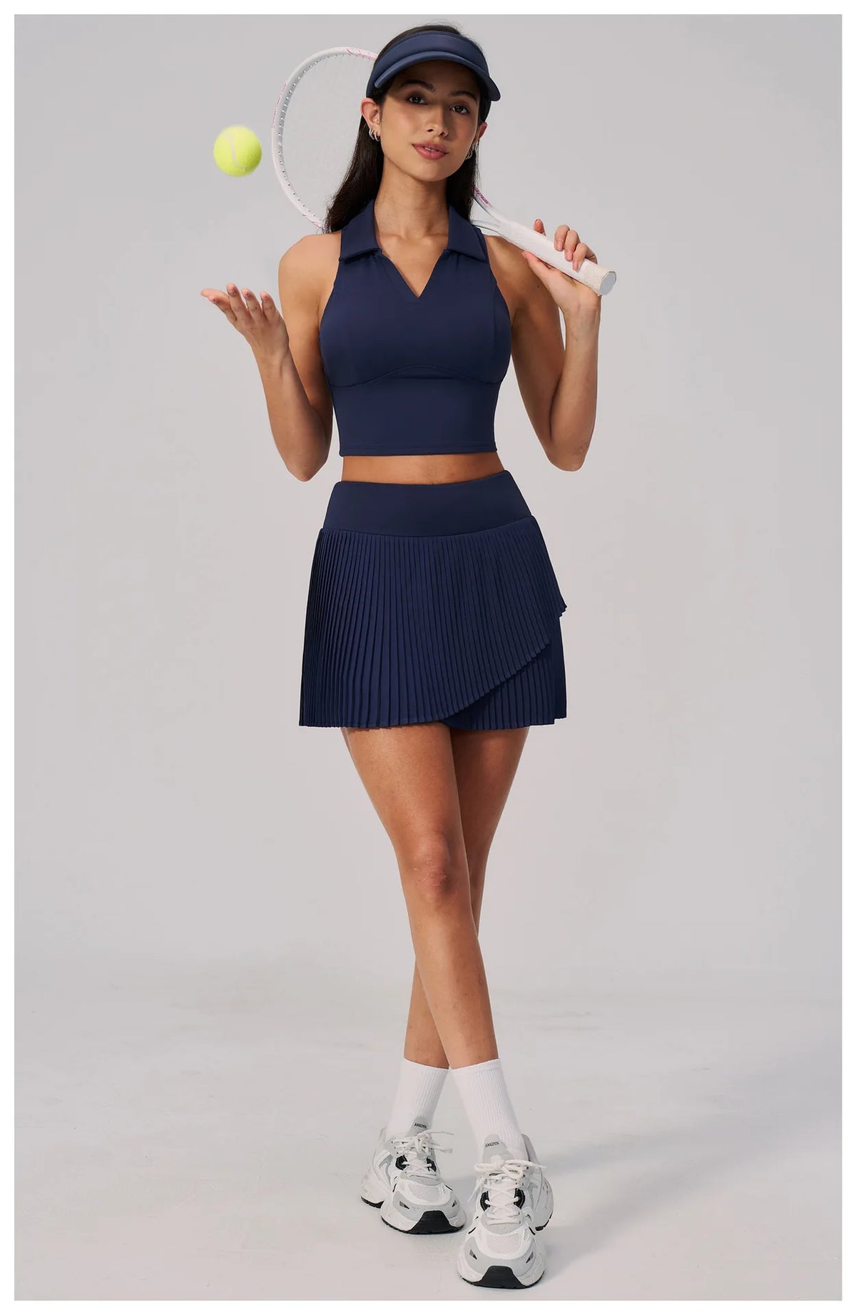 Women's Tracksuit Yoga Set 2 Pieces High Waist Pleate Pocket Skort Fitness Suit Turn Down Collar V Neck Slim Tank Top Sporstwear