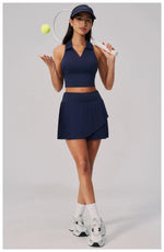 Women's Tracksuit Yoga Set 2 Pieces High Waist Pleate Pocket Skort Fitness Suit Turn Down Collar V Neck Slim Tank Top Sporstwear