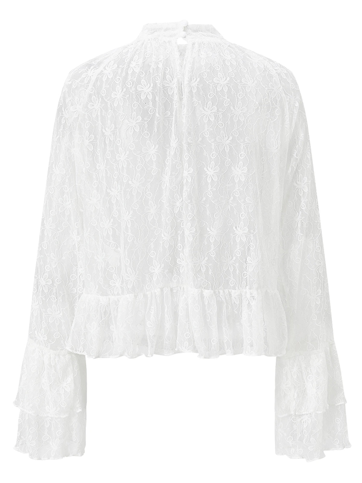 Womens Lace Floral Sheer Blouse Flare Long Sleeve Mock Neck Ruffle Peplum Hem Cropped Shirts Elegant Sexy Cover-ups Tops