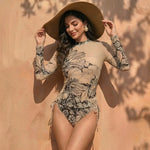 Vintage Long Sleeved Mesh Sunscreen Swimsuit Women Blue Floral Print Drawstring Side High Waist Swimwear 2026 Beach Bathing Suit