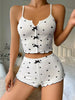 Women Cute Pajama Set Heart Print Lettuce Trim Bow Front Cami Top and Shorts Pj Set Soft Sleepwear